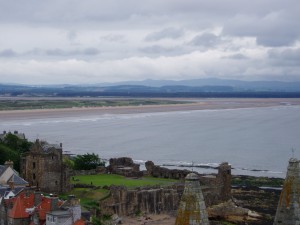 St Andrews Castle (foreground), with West Sands Beach and the North Sea beyond.